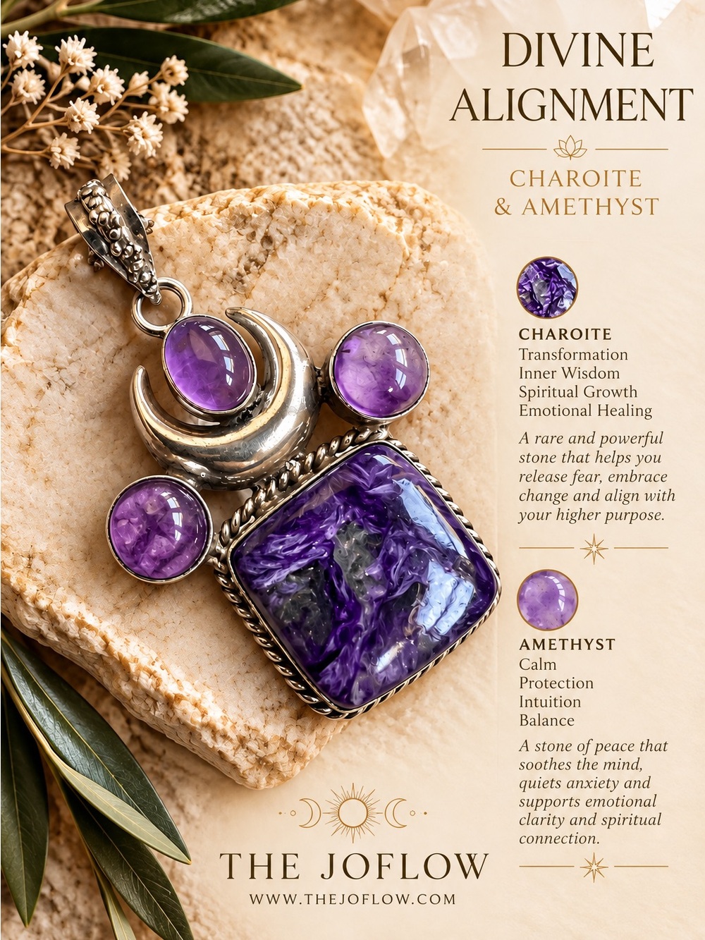 925 Divine Alignment CHAROITE + AMETHYST Lunar Moon Pendant Necklace